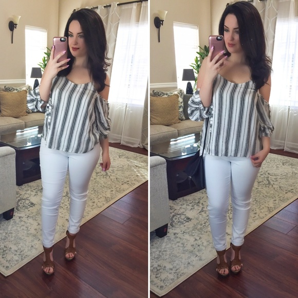 Lavender & Grace Boutique Tops - 2 LEFT! Black & White Open Shoulder Tank Top